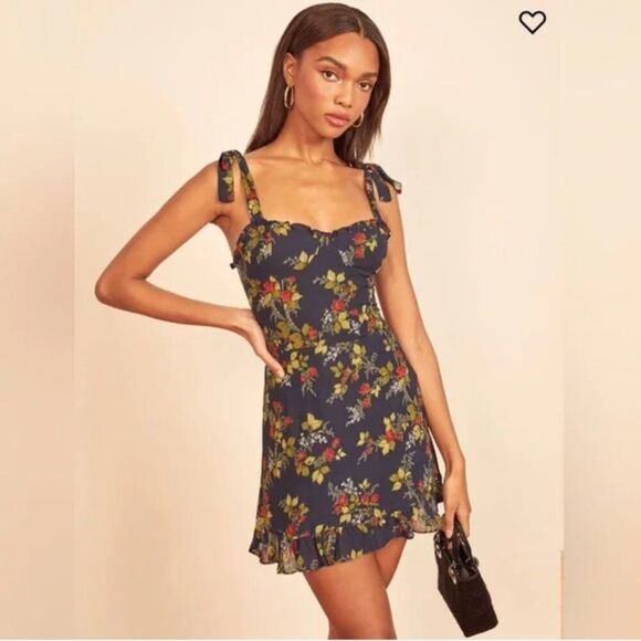 REFORMATION Christine Navy and Red Floral Mini Dress, Size 6P (Petite) - Picture 1 of 13